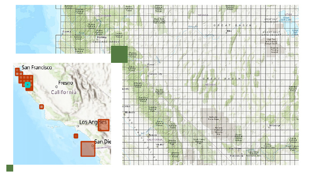 Grande mapa de grade da Grande Bacia e imagem menor da superfície da Califórnia entre São Francisco e San Diego